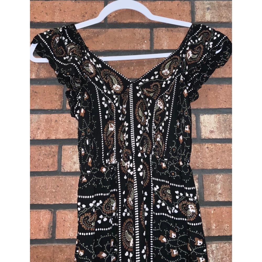 Boho Paisley Floral Tiered Maxi Dress Black V-Neck Smocked Back Flutter Sleeve S - Picture 3 of 4